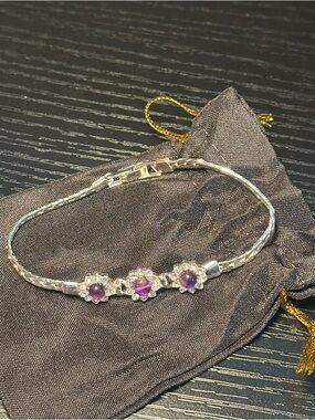 Genuine Amethyst 3 Stone Sterling Silver Overlay Bracelet